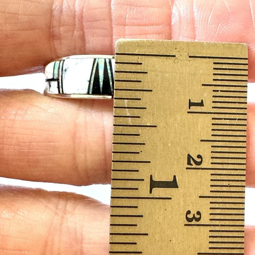 Navajo Wedding Band Sz 11 Inlay Ring Opal White Buffalo 8mm Mens Signed A Tolino